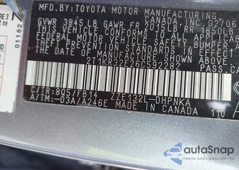 2006 Toyota Matrix Xr from USA, damaged, VIN 2T1KR32E26C592282